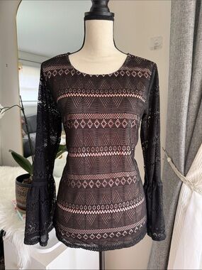 Black Lace Sheer Long-Sleeve Blouse